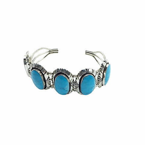 Image of Native American Bracelet - Navajo Sky Blue Turquoise 5-Stone Row Sterling Silver Cuff Bracelet - Native American