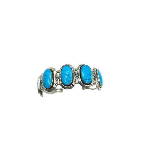 Image of Native American Bracelet - Navajo Sky Blue Turquoise 5-Stone Row Sterling Silver Cuff Bracelet - Native American