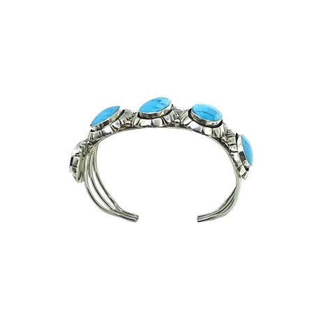 Image of Native American Bracelet - Navajo Sky Blue Turquoise 5-Stone Row Sterling Silver Cuff Bracelet - Native American