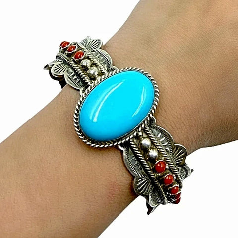 Image of Native American Bracelet - Navajo Sleeping Beauty Turquoise Cabochon & Red Coral Stamped Sterling Silver Cuff Bracelet - Mike Calladitto - Native American
