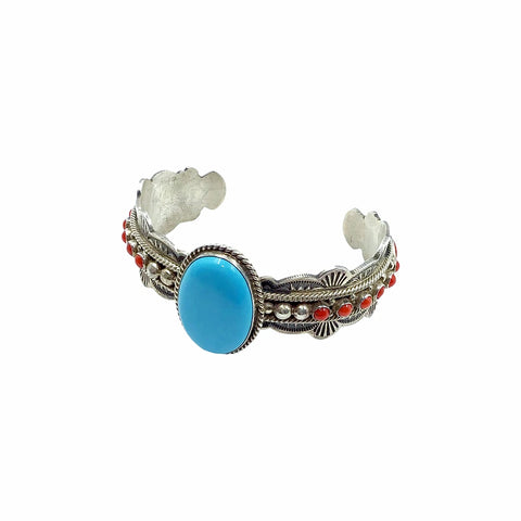 Image of Native American Bracelet - Navajo Sleeping Beauty Turquoise Cabochon & Red Coral Stamped Sterling Silver Cuff Bracelet - Mike Calladitto - Native American