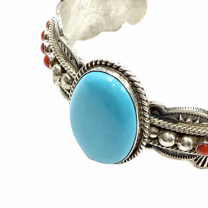 Native American Bracelet - Navajo Sleeping Beauty Turquoise Cabochon & Red Coral Stamped Sterling Silver Cuff Bracelet - Mike Calladitto - Native American