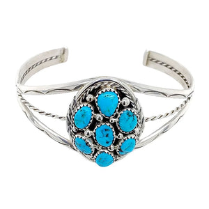 Native American Bracelet - Navajo Sleeping Beauty Turquoise Cluster Sterling Silver Cuff Bracelet - Melvin Chee