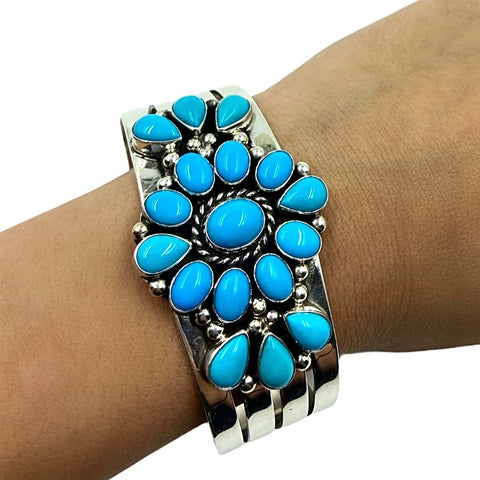 Image of Native American Bracelet - Navajo Sleeping Beauty Turquoise Cluster Wide Cuff Bracelet - Kathleen Chavez - Native American