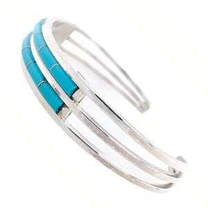 Native American Bracelet - Navajo Sleeping Beauty Turquoise Double Row Inlay Sterling Silver Cuff Bracelet - Ansom Wallace - Native American