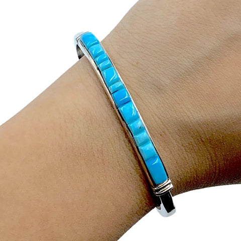 Image of Native American Bracelet - Navajo Sleeping Beauty Turquoise Inlaid Row Sterling Silver Cuff Bracelet - Native American