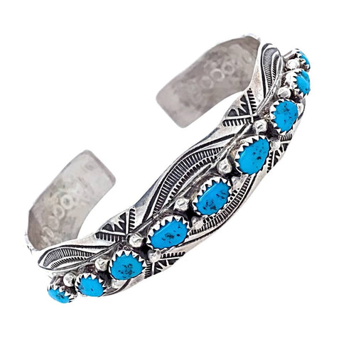 Image of Native American Bracelet - Navajo Sleeping Beauty Turquoise Row Stamped Sterling Silver Cuff Bracelet Native American