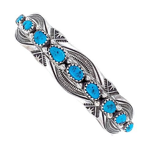 Image of Native American Bracelet - Navajo Sleeping Beauty Turquoise Row Stamped Sterling Silver Cuff Bracelet Native American