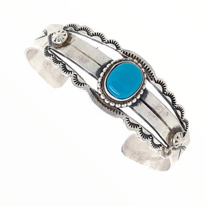 Native American Bracelet - Navajo Sleeping Beauty Turquoise Stamped Sterling Silver Cuff Bracelet - Native American