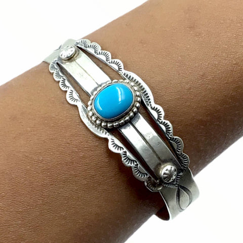 Image of Native American Bracelet - Navajo Sleeping Beauty Turquoise Stamped Sterling Silver Cuff Bracelet - Native American