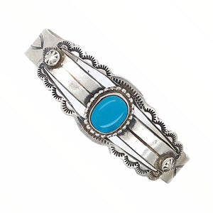 Native American Bracelet - Navajo Sleeping Beauty Turquoise Stamped Sterling Silver Cuff Bracelet - Native American