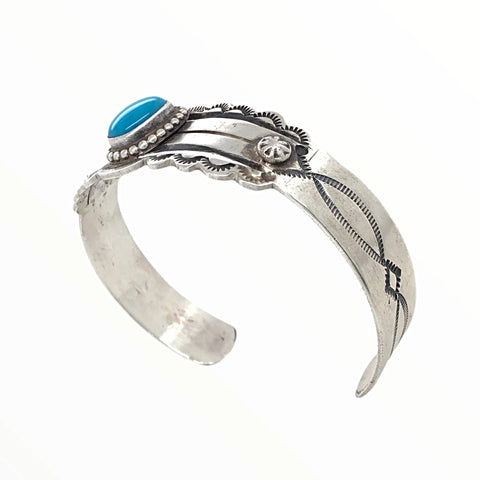 Image of Native American Bracelet - Navajo Sleeping Beauty Turquoise Stamped Sterling Silver Cuff Bracelet - Native American