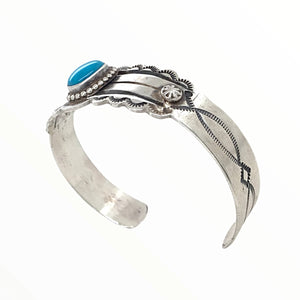 Native American Bracelet - Navajo Sleeping Beauty Turquoise Stamped Sterling Silver Cuff Bracelet - Native American