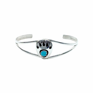 Native American Bracelet - Navajo Small Children's Bear Paw Shadow-Box Turquoise Sterling Silver Cuff Bracelet - Native American