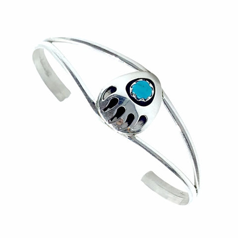 Image of Native American Bracelet - Navajo Small Children's Bear Paw Shadow-Box Turquoise Sterling Silver Cuff Bracelet - Native American