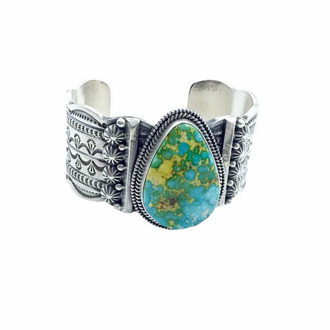 Image of Native American Bracelet - Navajo Sonoran Gold Turquoise Teardrop Stone Stamped Sterling Silver Cuff Bracelet - Mike Calladitto - Native American