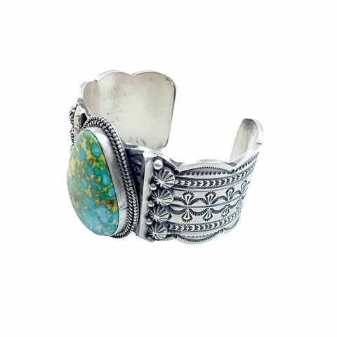 Image of Native American Bracelet - Navajo Sonoran Gold Turquoise Teardrop Stone Stamped Sterling Silver Cuff Bracelet - Mike Calladitto - Native American