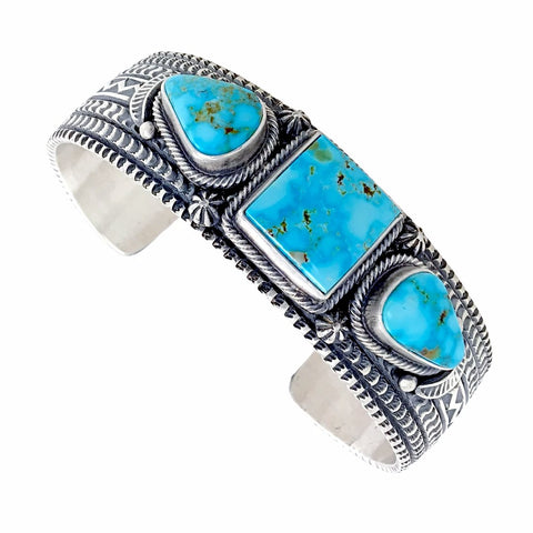 Image of Native American Bracelet - Navajo Sonoran Gold Turquoise Triple Stone Stamped Sterling Silver Cuff Bracelet - June Defuito - Native American