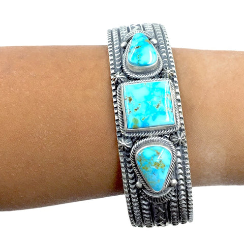 Image of Native American Bracelet - Navajo Sonoran Gold Turquoise Triple Stone Stamped Sterling Silver Cuff Bracelet - June Defuito - Native American
