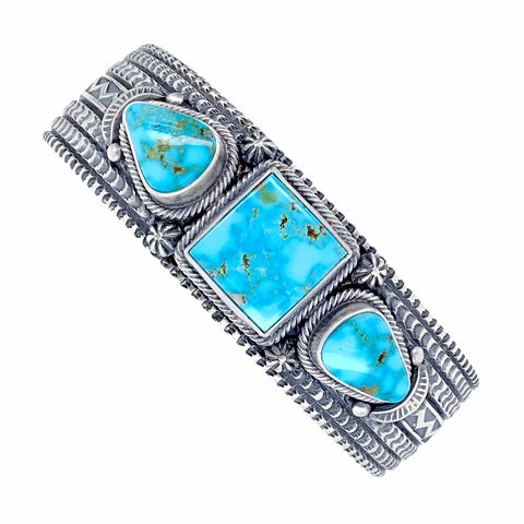 Image of Native American Bracelet - Navajo Sonoran Gold Turquoise Triple Stone Stamped Sterling Silver Cuff Bracelet - June Defuito - Native American
