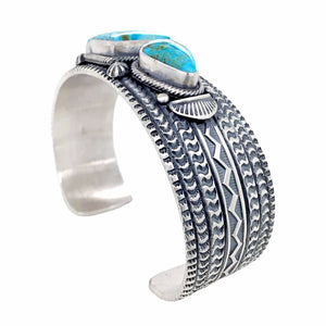 Native American Bracelet - Navajo Sonoran Gold Turquoise Triple Stone Stamped Sterling Silver Cuff Bracelet - June Defuito - Native American