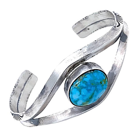 Image of Native American Bracelet - Navajo Sonoran Turquoise Hand Stamped Sterling Silver Bracelet - Paul Livingston - Native American