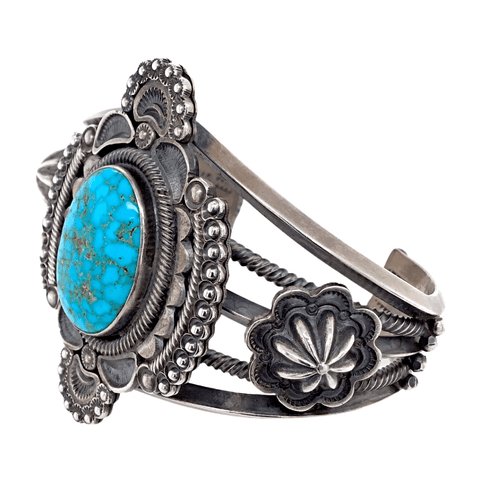Image of Native American Bracelet - Navajo Spider Web Turquoise Embellished Silver Bracelet - Pawn