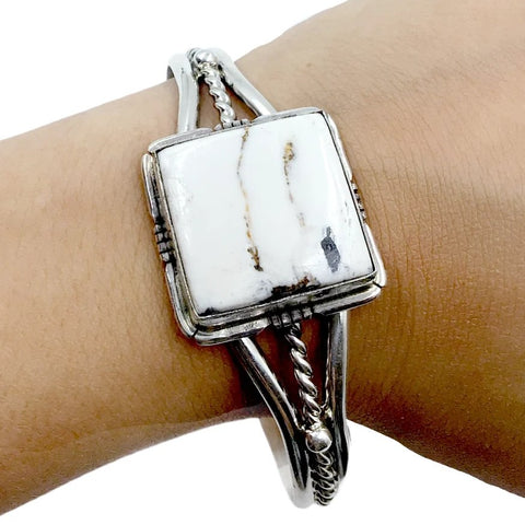 Image of Native American Bracelet - Navajo Square White Buffalo Stone Twist-Wire Sterling Silver Bracelet - Samson Edsitty - Native American