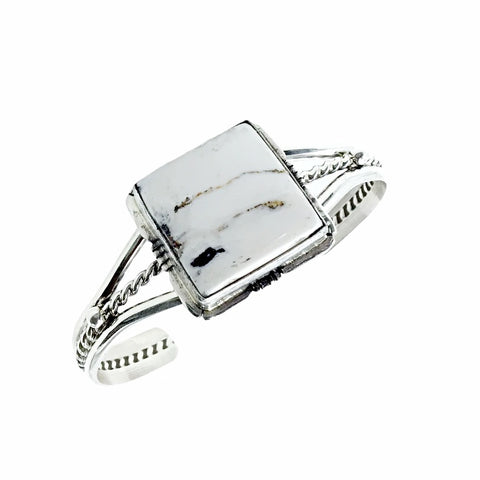Image of Native American Bracelet - Navajo Square White Buffalo Stone Twist-Wire Sterling Silver Bracelet - Samson Edsitty - Native American