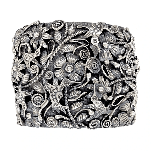 Image of Native American Bracelet - Navajo Sterling Silver Flowers And Hummingbirds Cuff Bracelet - Larry Martinez Chavez