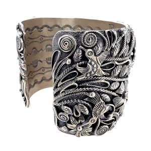 Native American Bracelet - Navajo Sterling Silver Flowers And Hummingbirds Cuff Bracelet - Larry Martinez Chavez