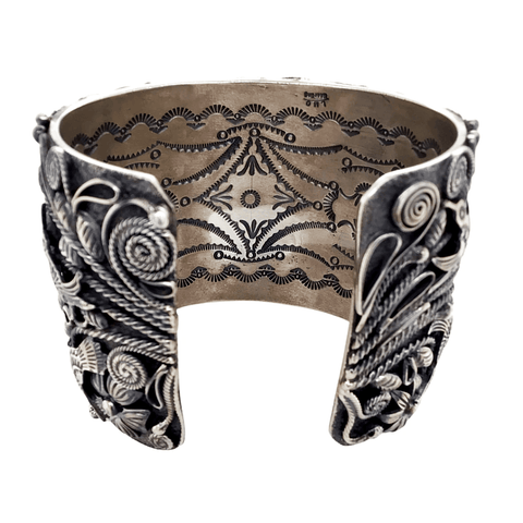Image of Native American Bracelet - Navajo Sterling Silver Flowers And Hummingbirds Cuff Bracelet - Larry Martinez Chavez