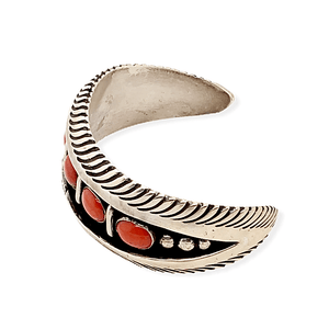 Native American Bracelet - Navajo Tapered Cuff Bracelet With Coral - L. James