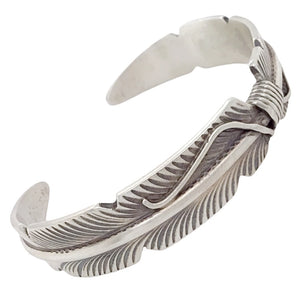 Native American Bracelet - Navajo Tapered Feather Oxidized Heavy Gauge Sterling Silver Cuff Bracelet - Chris Charley