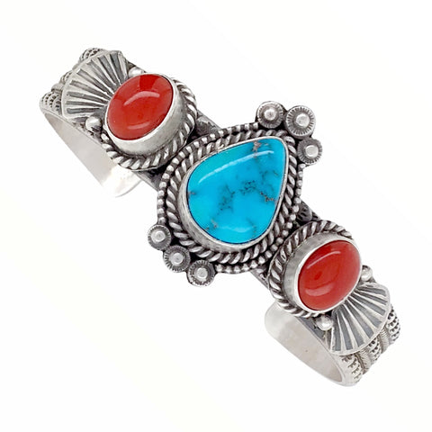 Image of Native American Bracelet - Navajo Teardrop Kingman Turquoise & Red Coral Stamped Sterling Silver Cuff Bracelet - Mike Calladitto - Native American