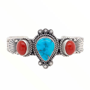 Native American Bracelet - Navajo Teardrop Kingman Turquoise & Red Coral Stamped Sterling Silver Cuff Bracelet - Mike Calladitto - Native American
