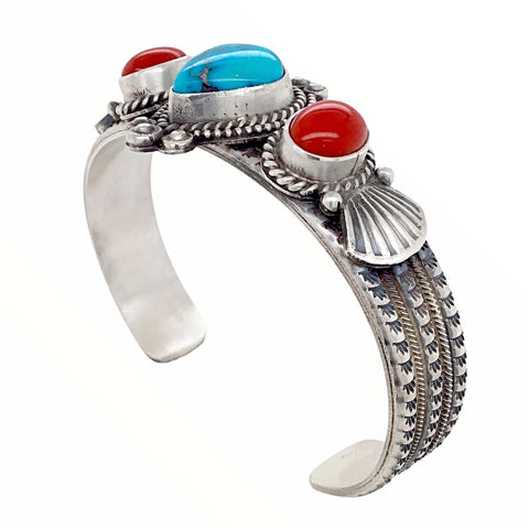 Image of Native American Bracelet - Navajo Teardrop Kingman Turquoise & Red Coral Stamped Sterling Silver Cuff Bracelet - Mike Calladitto - Native American