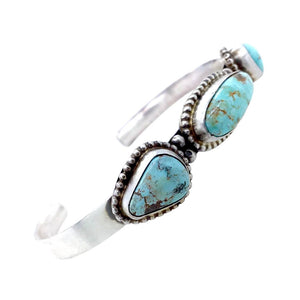 Native American Bracelet - Navajo Thin Band Dry Creek Turquoise Row Sterling Silver Cuff Bracelet - Bobby Johnson - Native American