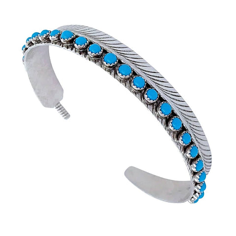 Image of Native American Bracelet - Navajo Thin Feather Turquoise Row Sterling Silver Bracelet - Native American