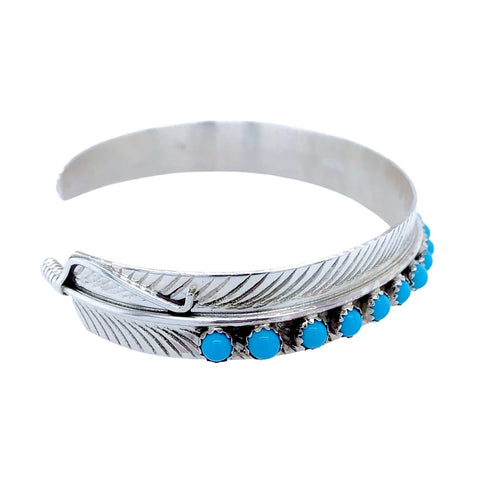 Image of Native American Bracelet - Navajo Thin Feather Turquoise Row Sterling Silver Bracelet - Native American