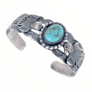 Native American Bracelet - Navajo Thunderbird Turquoise Sterling Silver Stamped Cuff Bracelet - Native American