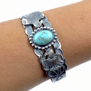 Native American Bracelet - Navajo Thunderbird Turquoise Sterling Silver Stamped Cuff Bracelet - Native American