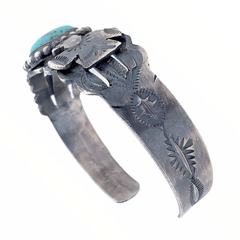 Image of Native American Bracelet - Navajo Thunderbird Turquoise Sterling Silver Stamped Cuff Bracelet - Native American