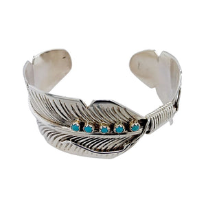 Native American Bracelet - Navajo Turquoise Feather Sterling Silver Cuff Bracelet - Aaron Davis - Native American