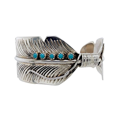 Image of Native American Bracelet - Navajo Turquoise Feather Sterling Silver Cuff Bracelet - Aaron Davis - Native American