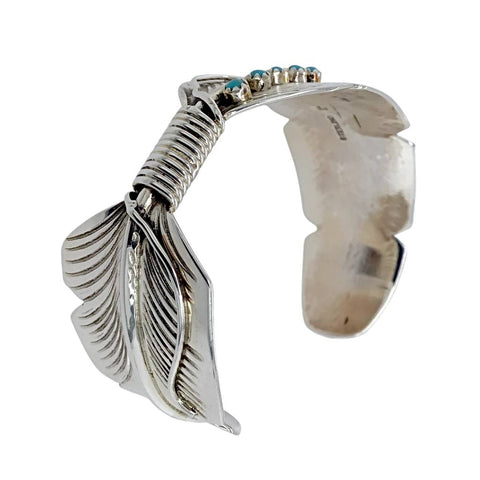 Image of Native American Bracelet - Navajo Turquoise Feather Sterling Silver Cuff Bracelet - Aaron Davis - Native American