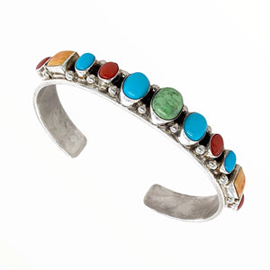 Native American Bracelet - Navajo Turquoise, Gaspeite, Coral & Spiny Oyster Multi-stone Sterling Silver Cuff Bracelet - Bobby Johnson - Native American