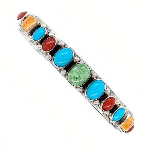 Image of Native American Bracelet - Navajo Turquoise, Gaspeite, Coral & Spiny Oyster Multi-stone Sterling Silver Cuff Bracelet - Bobby Johnson - Native American
