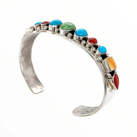 Image of Native American Bracelet - Navajo Turquoise, Gaspeite, Coral & Spiny Oyster Multi-stone Sterling Silver Cuff Bracelet - Bobby Johnson - Native American