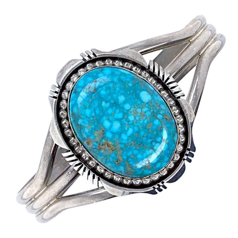 Image of Native American Bracelet - Navajo Turquoise Mountain Spider Web Turquoise Sterling Bracelet - Eugene Belone